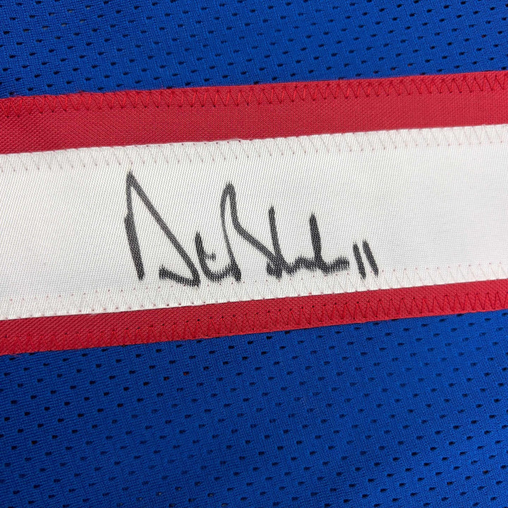Autographed/Signed Drew Bledsoe New England Blue Jersey Beckett BAS COA