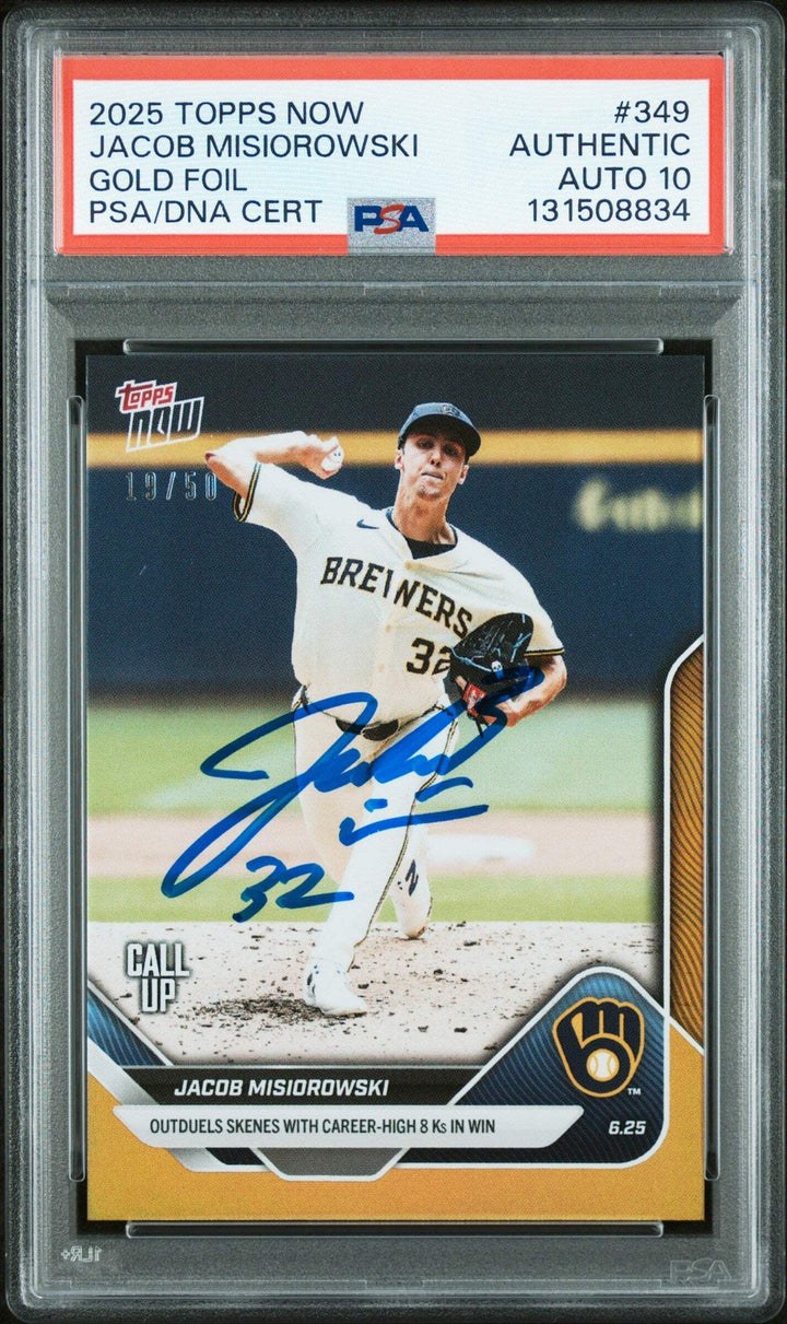 Graded 2025 Topps Now Jacob Misiorowski #349 Gold /50 Rookie RC Card PSA 10 Auto
