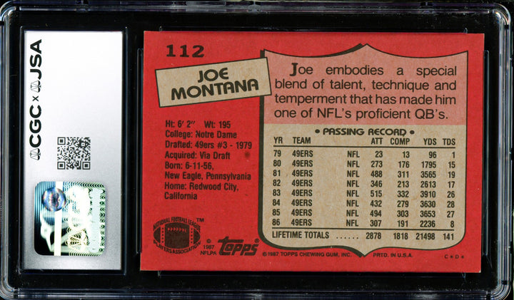 Joe Montana Signed 1987 Topps Card 112 49ers Grade 8.5 Auto GM 10 CGC x JSA