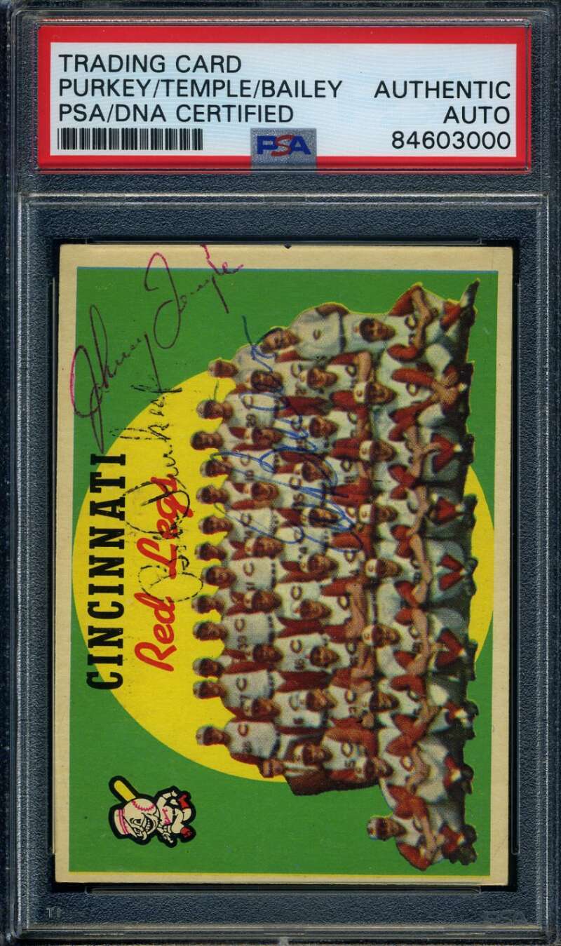 Purkey Temple Bailey PSA DNA Coa Signed 1959 Topps Reds Team Card Autograph