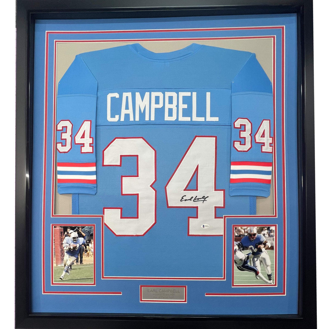 FRAMED Autographed/Signed EARL CAMPBELL 33x42 Houston Blue Jersey JSA COA Auto