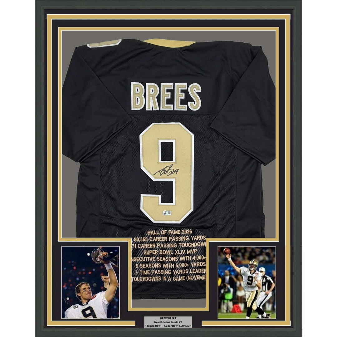 Framed Autographed/Signed Drew Brees 35x39 New Orleans Stat Jersey BAS COA