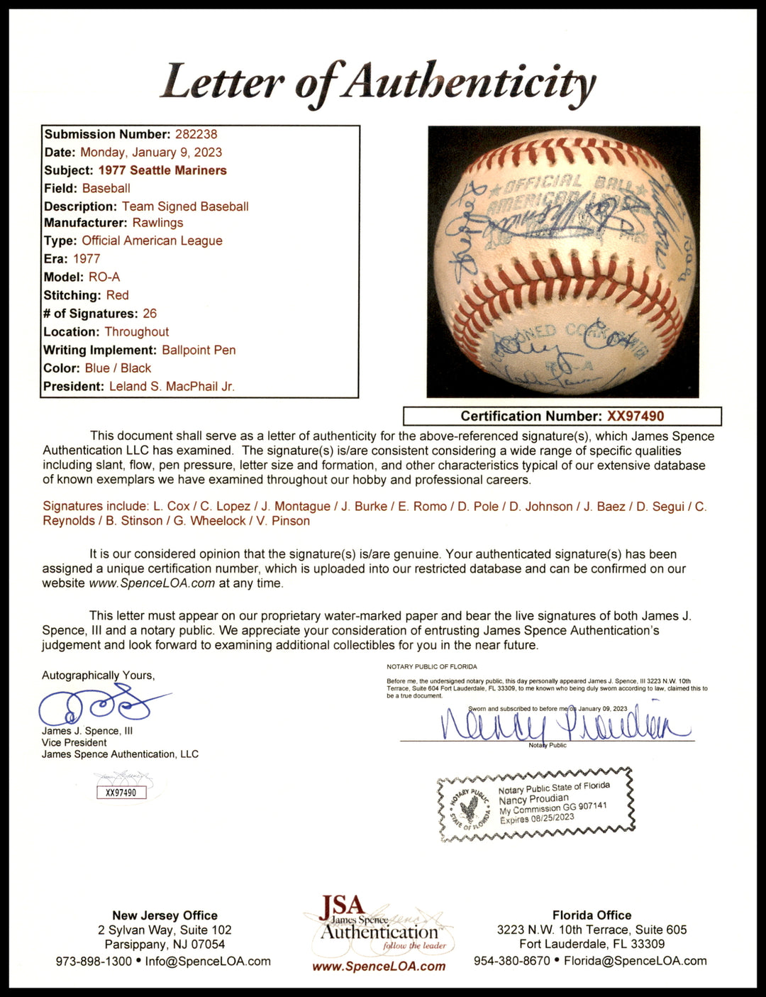 1977 Mariners Autographed AL Baseball Inaugural Year 26 Sigs JSA XX97490