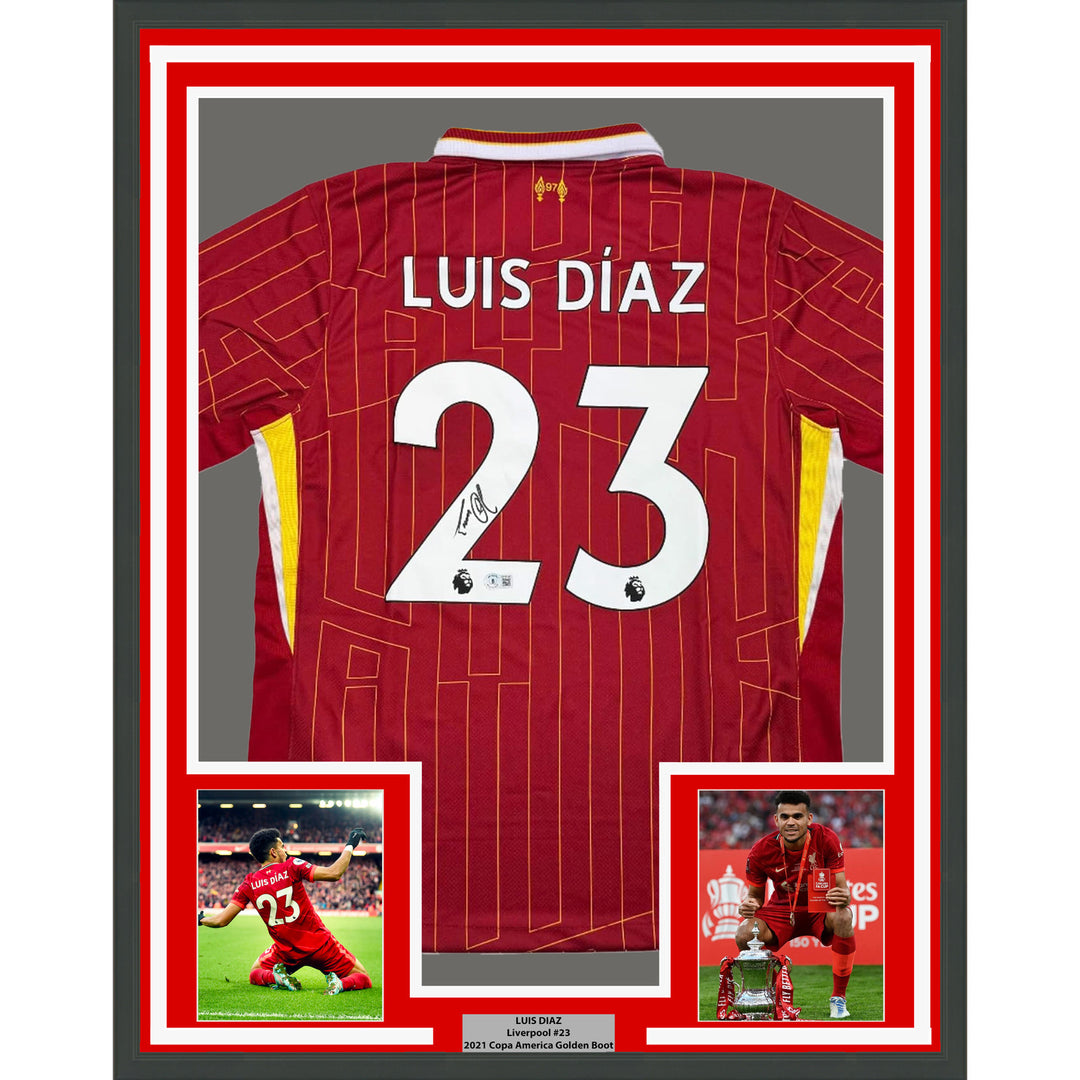 Framed Autographed/Signed Luis Diaz 35x39 Liverpool Red Soccer Jersey BAS COA