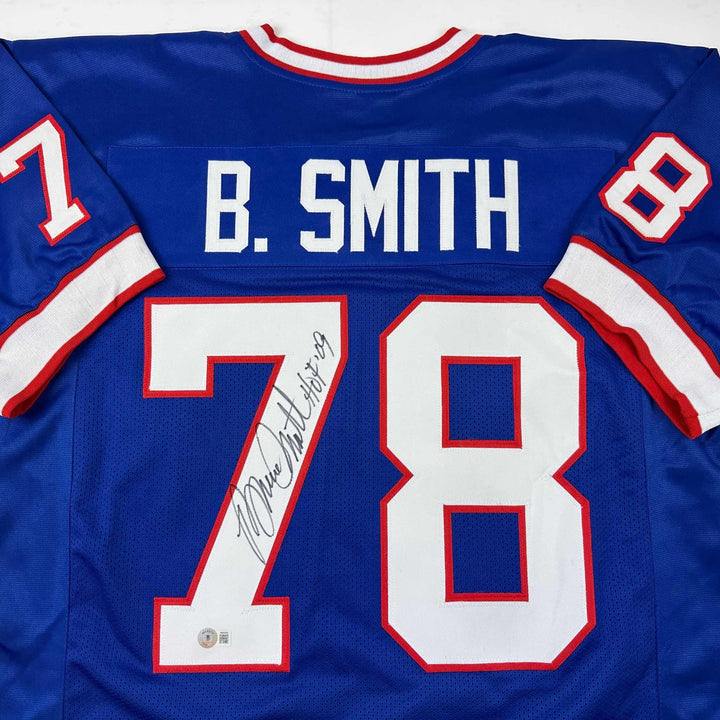 Autographed/Signed Bruce Smith HOF 09 Buffalo Blue Jersey Beckett COA