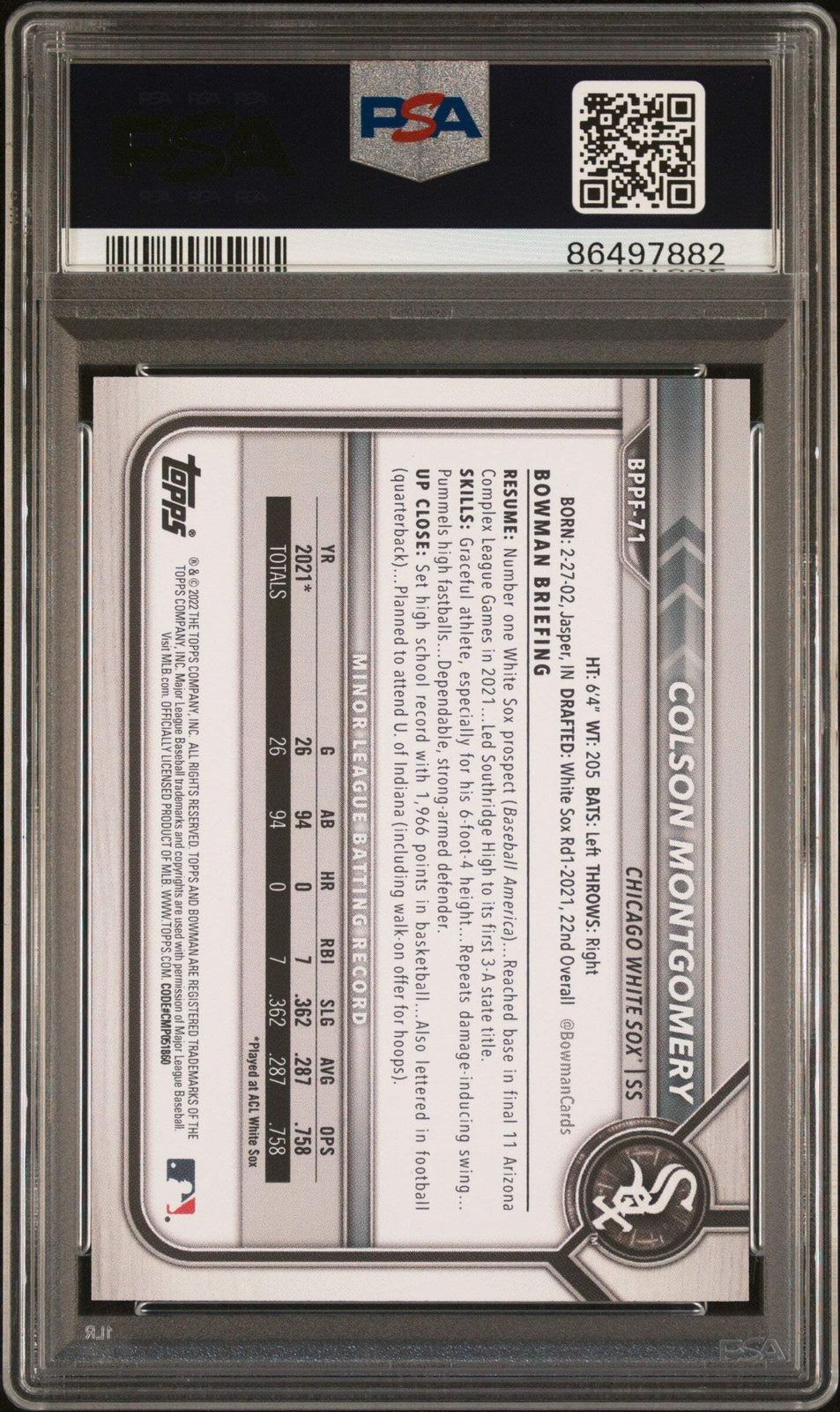 Graded 2022 Topps Bowman 1st Ed Colson Montgomery #BPPF71 Baseball Card PSA 10