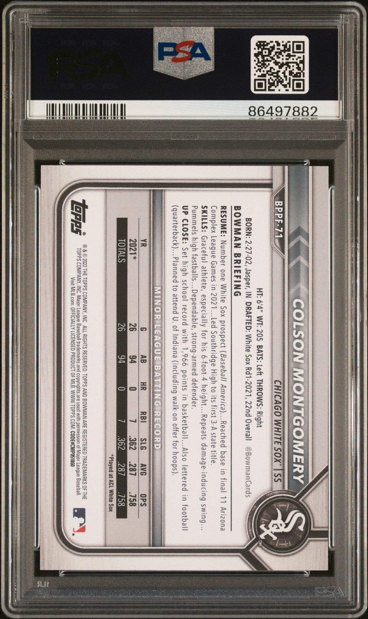 Graded 2022 Topps Bowman 1st Ed Colson Montgomery #BPPF71 Baseball Card PSA 10