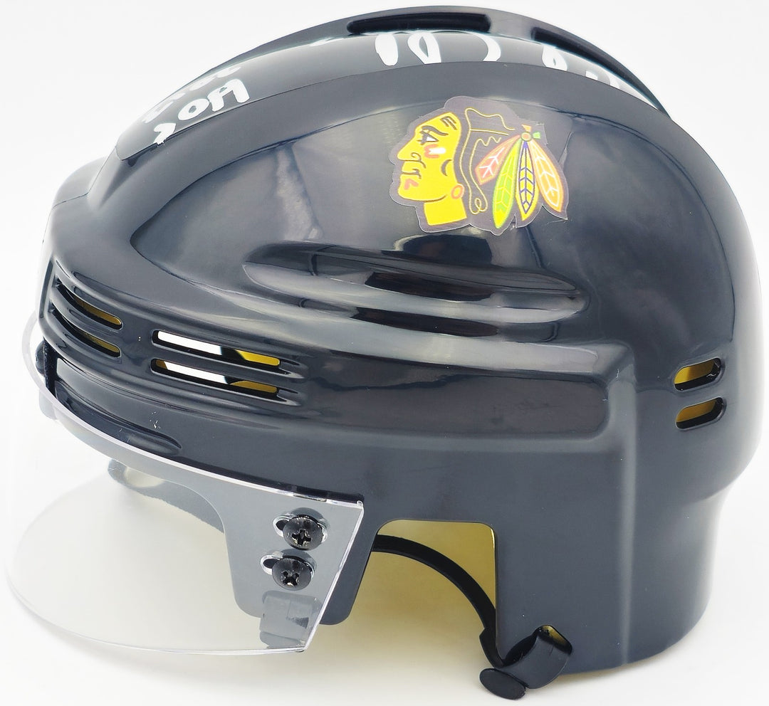 Chris Chelios Signed Chicago Blackhawks Black Mini Helmet "HOF 2013" Beckett Wit