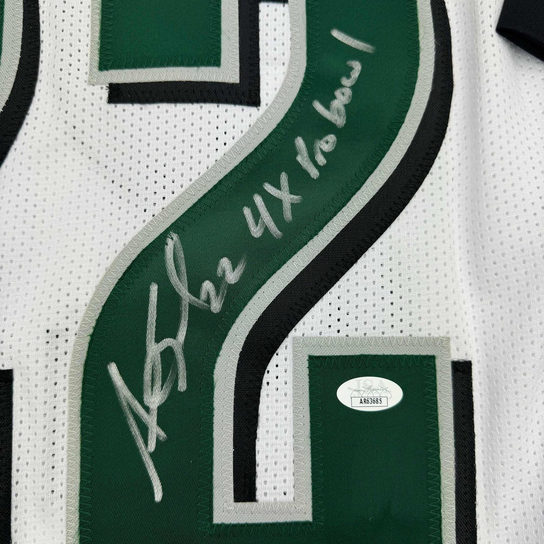 Framed Autographed/Signed Asante Samuel Sr 35x39 White Jersey JSA COA