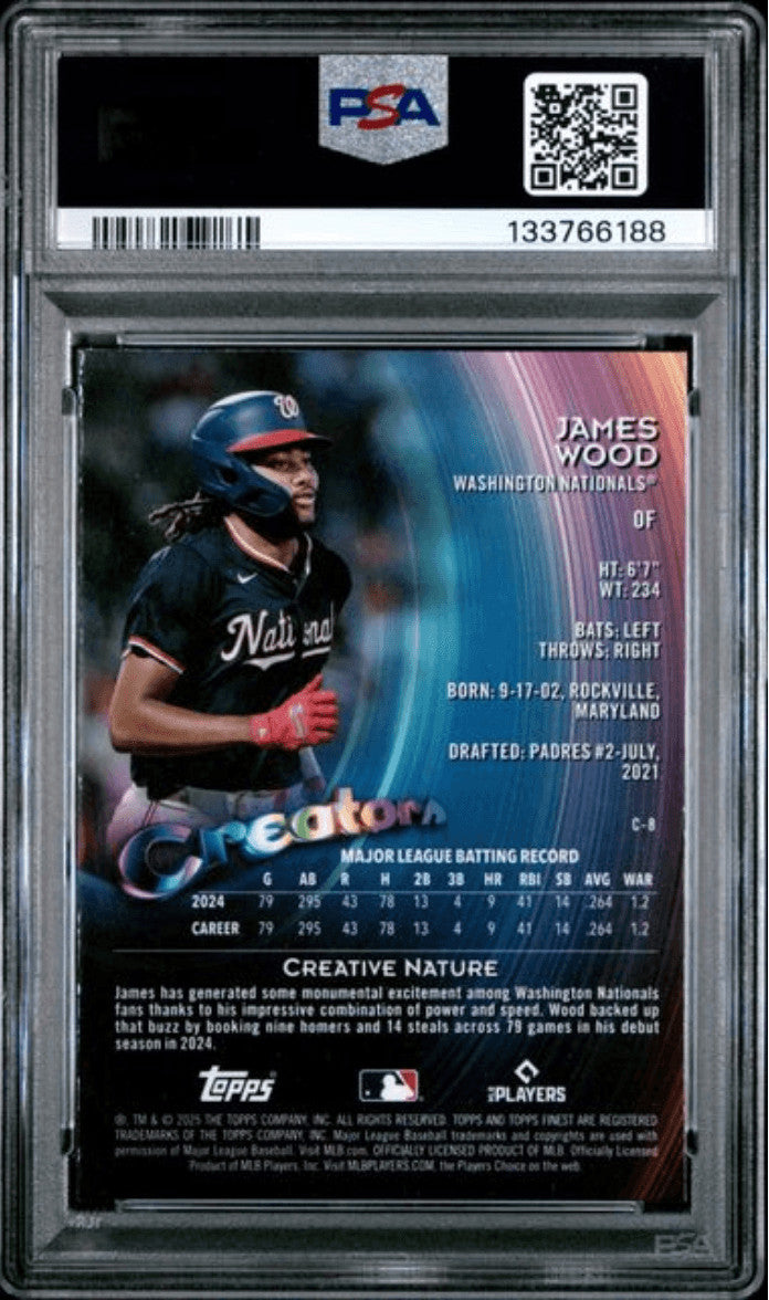 Graded 2025 Topps Finest James Wood #C8 Creators Rookie Card PSA 10