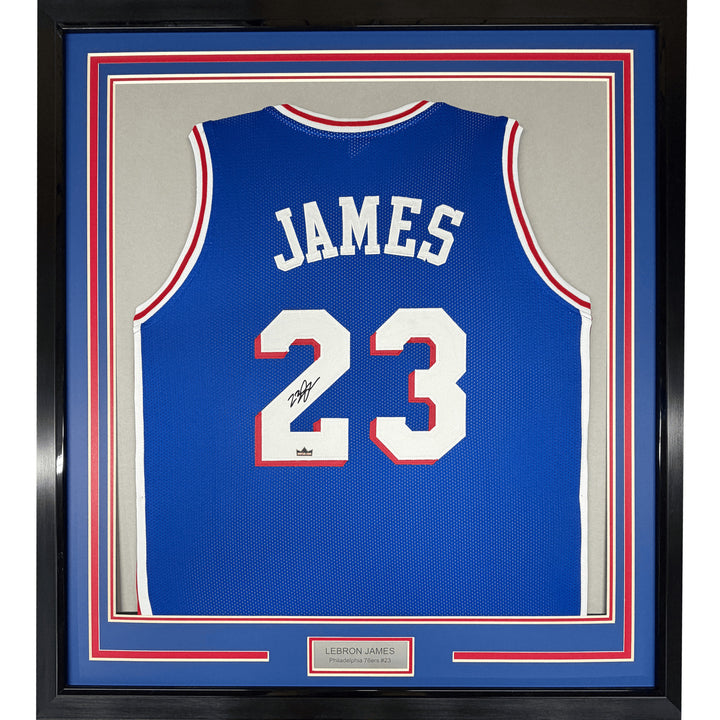 Framed Facsimile Autographed LeBron James 35x39 76ers Blue Reprint Jersey