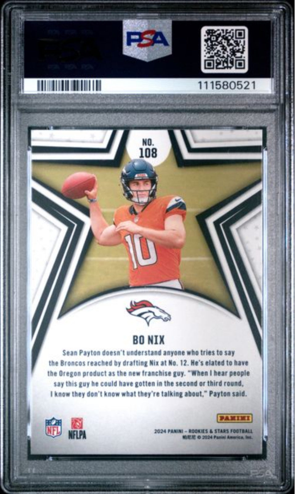 Graded 2024 Panini Rookies & Stars Bo Nix #108 Rookie RC Card PSA 10 Gem Mint