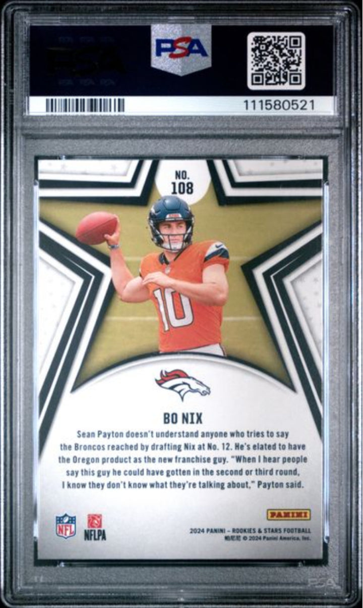 Graded 2024 Panini Rookies & Stars Bo Nix #108 Rookie RC Card PSA 10 Gem Mint