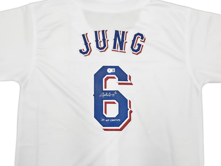 Texas Rangers Josh Jung Signed White Jersey "23 WS Champs" Beckett Witness
