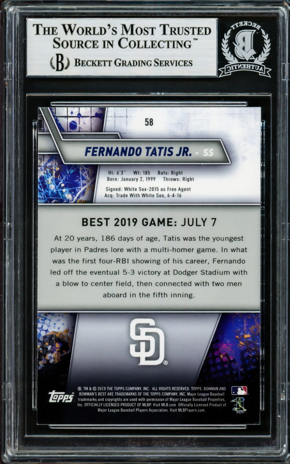 Fernando Tatis Jr. Signed 2019 Bowman's Best RC 58 San Diego Padres Beckett