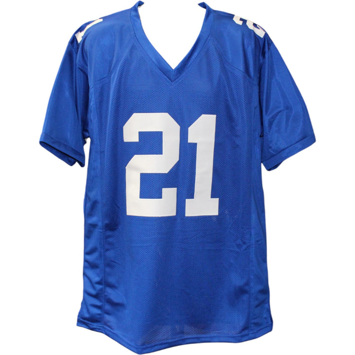 Tiki Barber Autographed/Signed Pro Style Blue XL Jersey Beckett Witness 51843