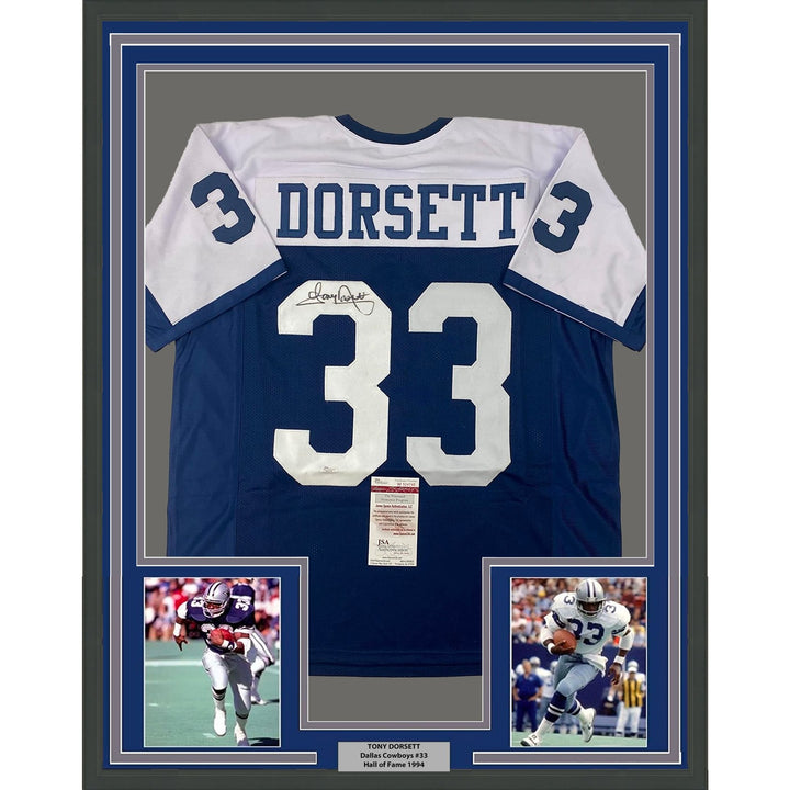Framed Autographed/Signed Tony Dorsett 33x42 Dallas Football Jersey JSA COA