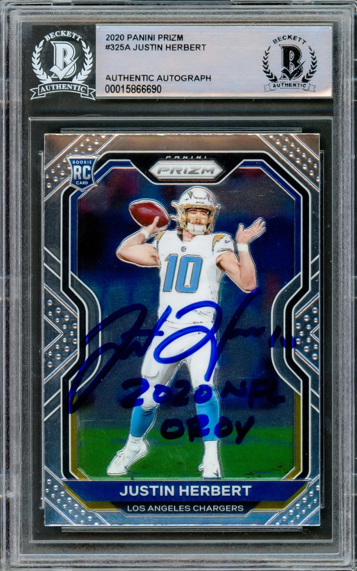 Justin Herbert Signed 2020 Panini Prizm RC 325 Chargers "2020 NFL OROY" Beckett