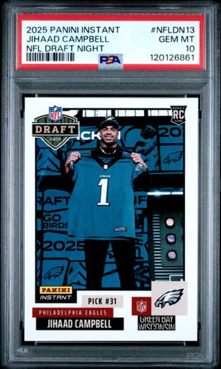 Graded 2025 Panini Instant Jihaad Campbell #NFLDN13 Draft Night RC Card PSA 10