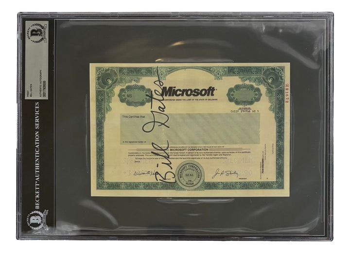 Bill Gates Signed Slabbed Replica Microsoft Stock Certificate BAS