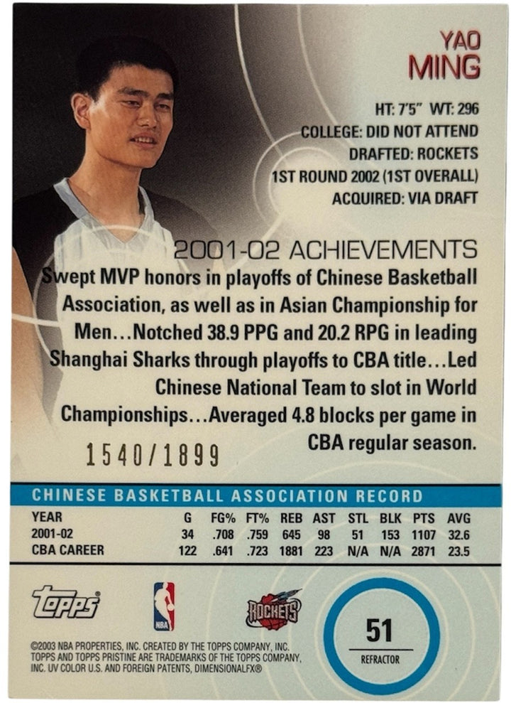Yao Ming 2002-03 Topps Pristine Refractors Rookie Card (RC) #51- /1899 (Rockets)