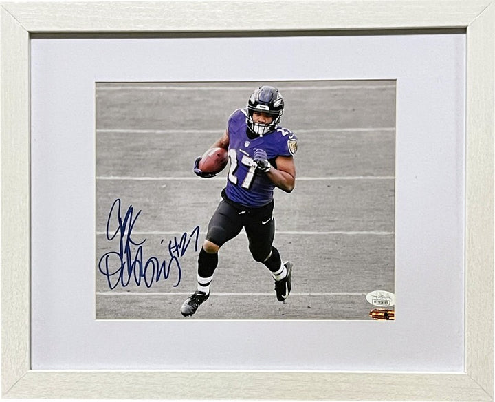 JK/J.K. Dobbins signed Baltimore Ravens 8x10 Photo Custom Framing- JSA Witnessed