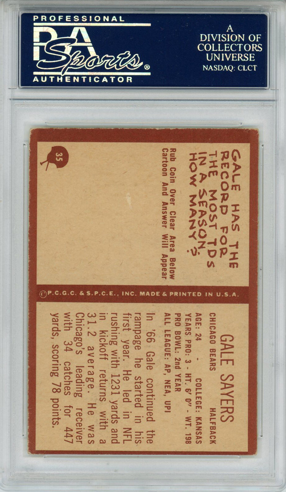 Gale Sayers Signed 1967 Philadelphia #35 Trading Card PSA Slab 43651
