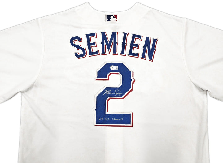 Rangers Marcus Semien Signed White Nike Jersey Size L "23 WS Champs" Beckett Wit