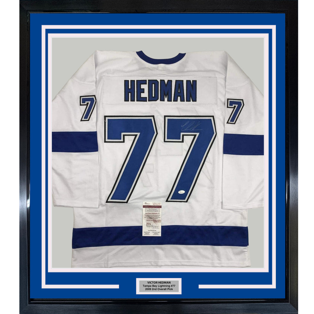 FRAMED Autographed/Signed VICTOR HEDMAN 33x42 Tampa Bay White Jersey JSA COA