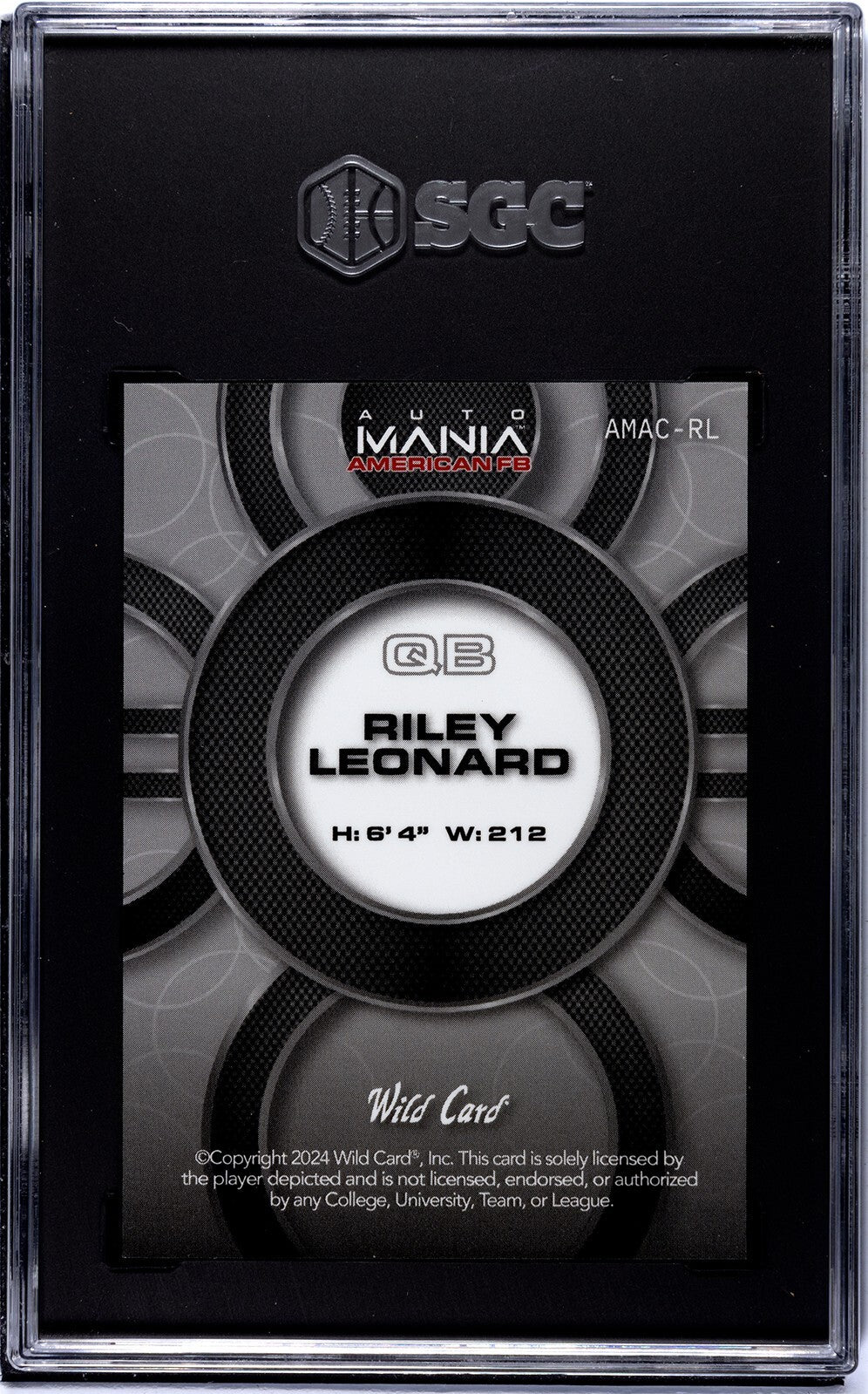 Riley_Leonard 2024 Wildcard Auto Mania Rookie Card 1/1 #AMAC-RL- SGC Graded 9.5
