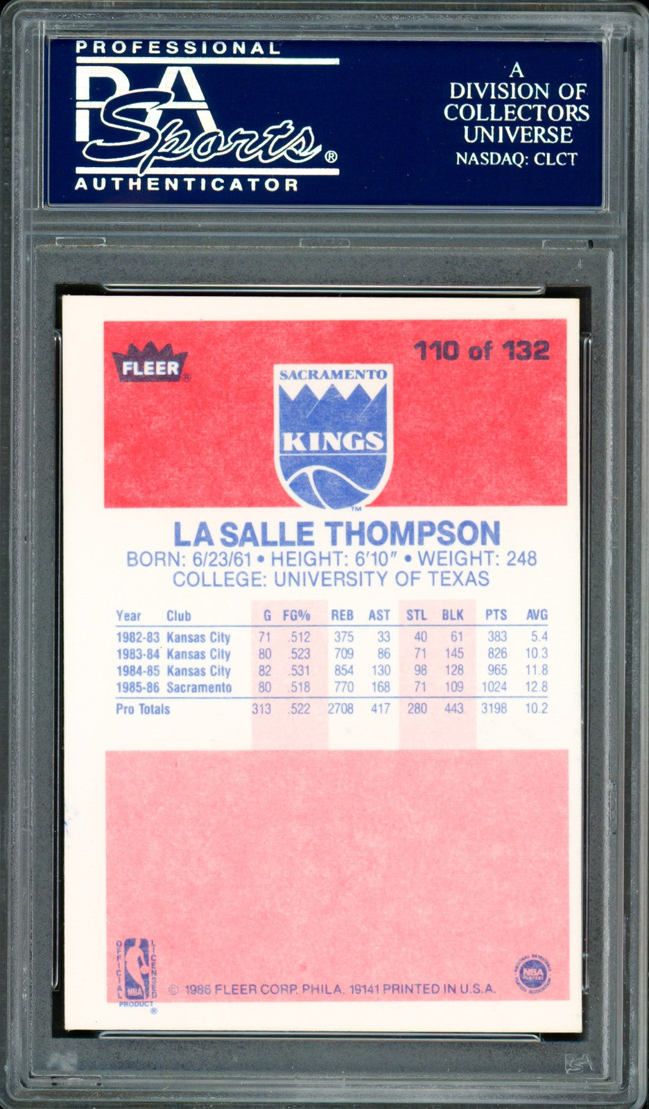 LaSalle Thompson Signed 1986-87 Fleer Card 110 Kings PSA/DNA #83717094