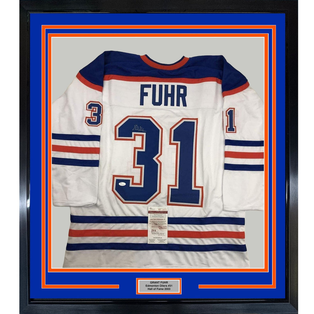 FRAMED Autographed/Signed GRANT FUHR 33x42 Edmonton White Jersey JSA COA