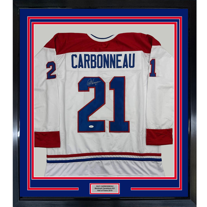 Framed Autographed/Signed Guy Carbonneau 35x39 Montreal White Jersey JSA COA