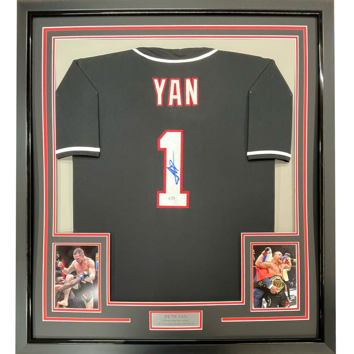 Framed Autographed/Signed Petr Yan 33x42 UFC Black Jersey Shirt PSA/DNA COA
