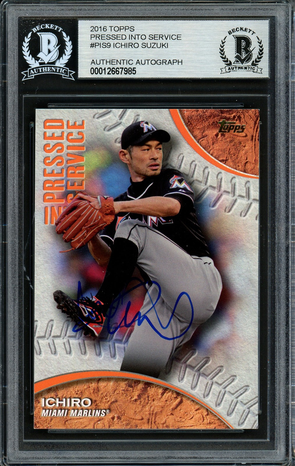 Ichiro Suzuki Signed 2016 Topps Pressed Into Service Card PIS-9 Marlins Beckett