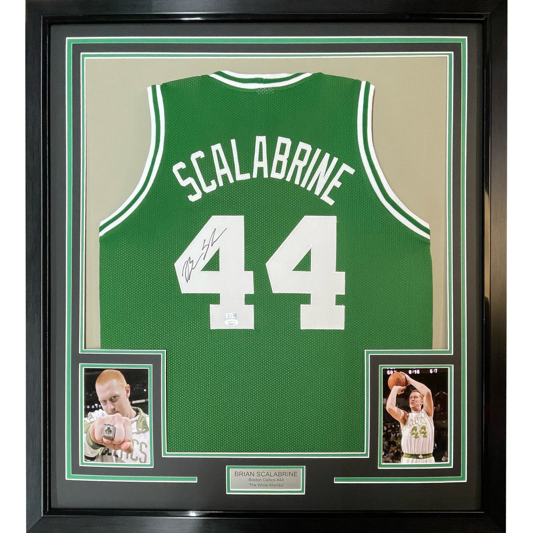 Framed Signed Brian Scalabrine 35x39 Boston Green Jersey JSA COA