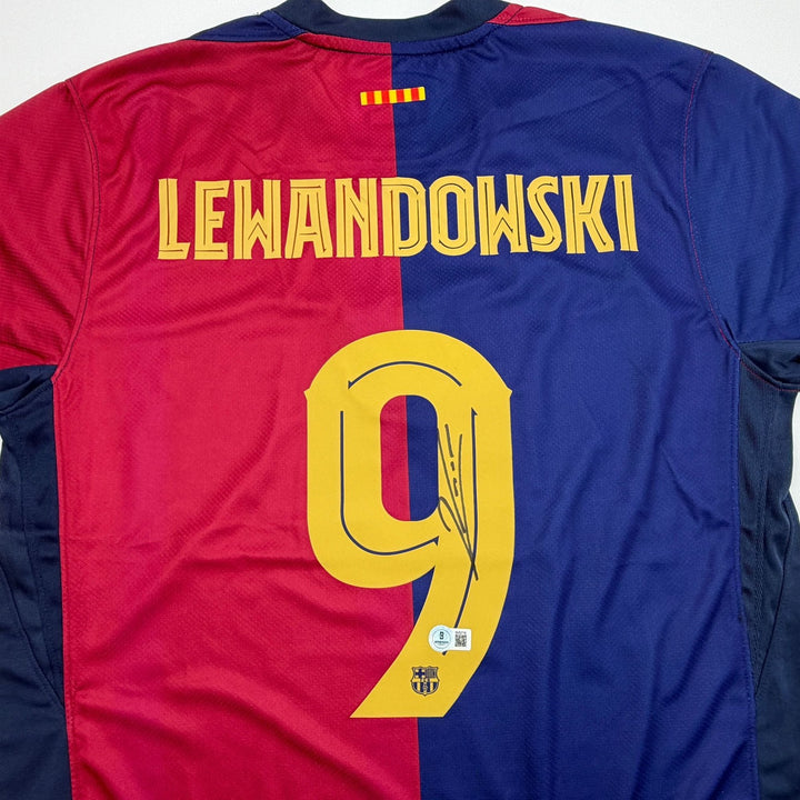 Autographed/Signed Robert Lewandowski FC Barcelona Soccer Jersey Beckett BAS COA