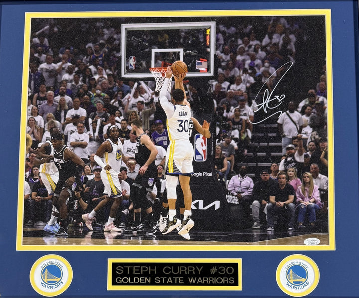 Stephen Curry Signed 16x20 Sparkling 3pt Photo Framed Warriors MVP Auto JSA COA