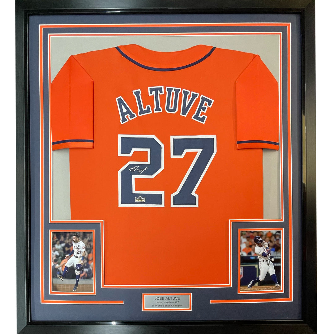 Framed Facsimile Autographed Jose Altuve 33x42 Orange Reprint Laser Auto Jersey