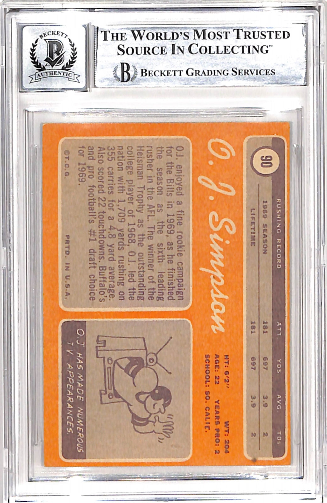 OJ Simpson Signed 1970 Topps "73 MVP" "HOF" Trading Card Beckett 42695