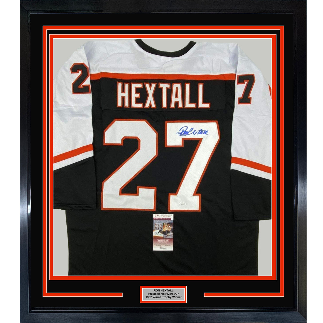 FRAMED Autographed/Signed RON HEXTALL 33x42 Philadelphia Black Jersey JSA COA