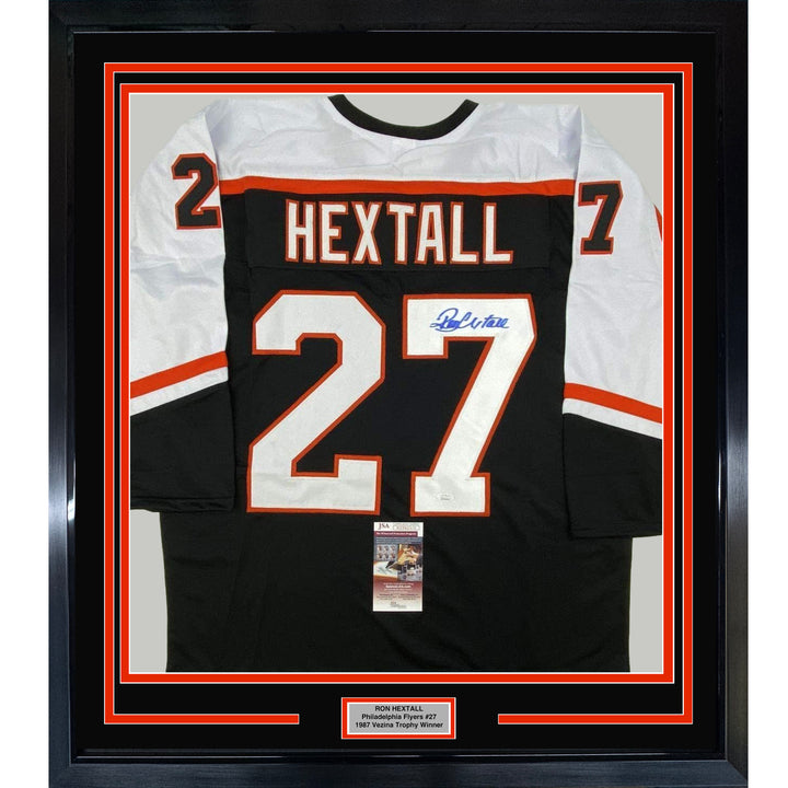 FRAMED Autographed/Signed RON HEXTALL 33x42 Philadelphia Black Jersey JSA COA