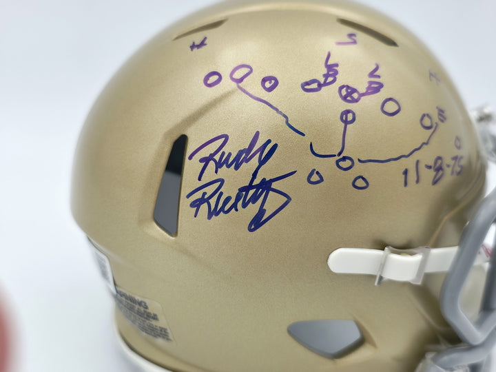 Rudy Ruettiger Auto Notre Dame Fighting Irish Speed Mini Helmet Play Sketch BAS