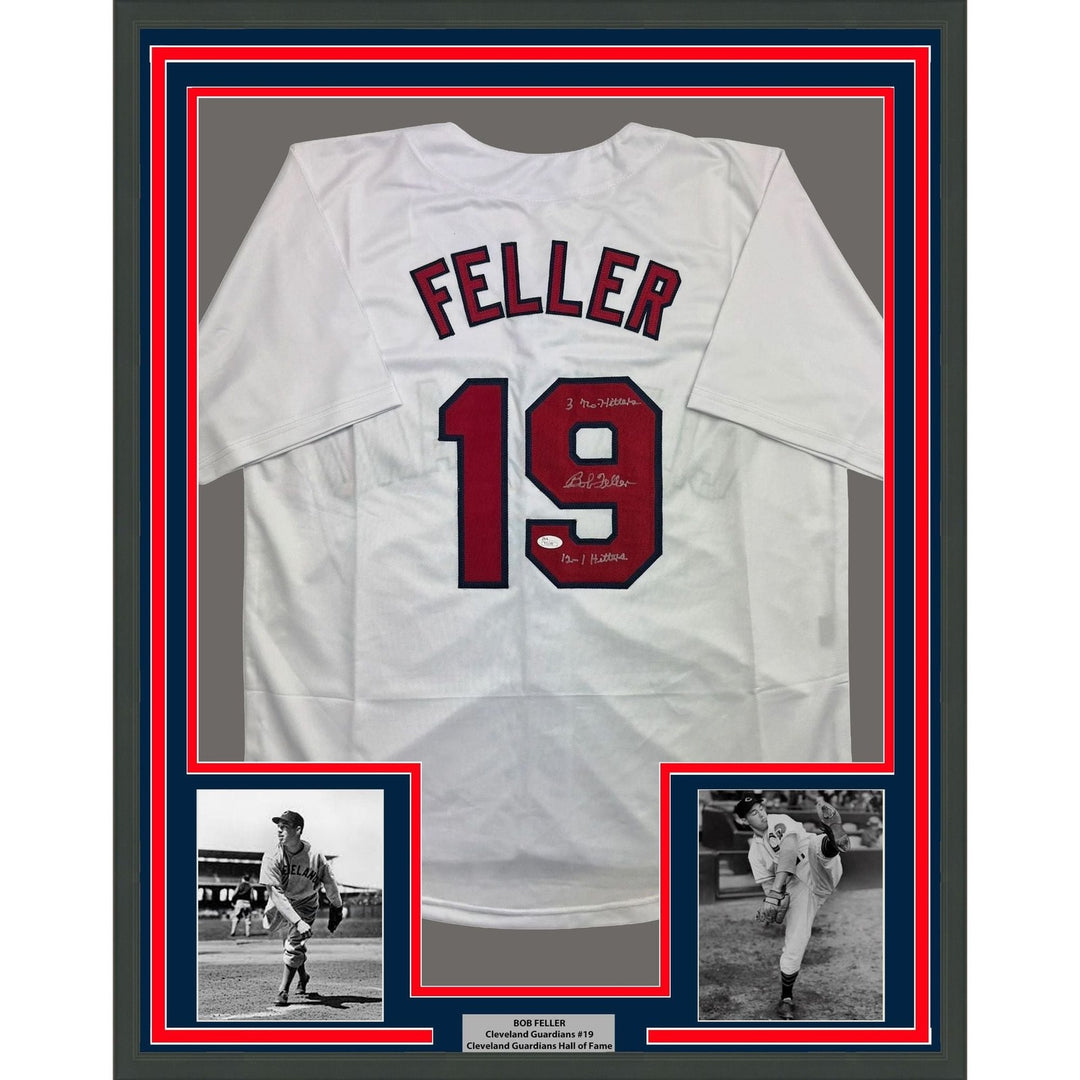 Framed Autographed/Signed Bob Feller 35x39 Cleveland White Jersey JSA COA
