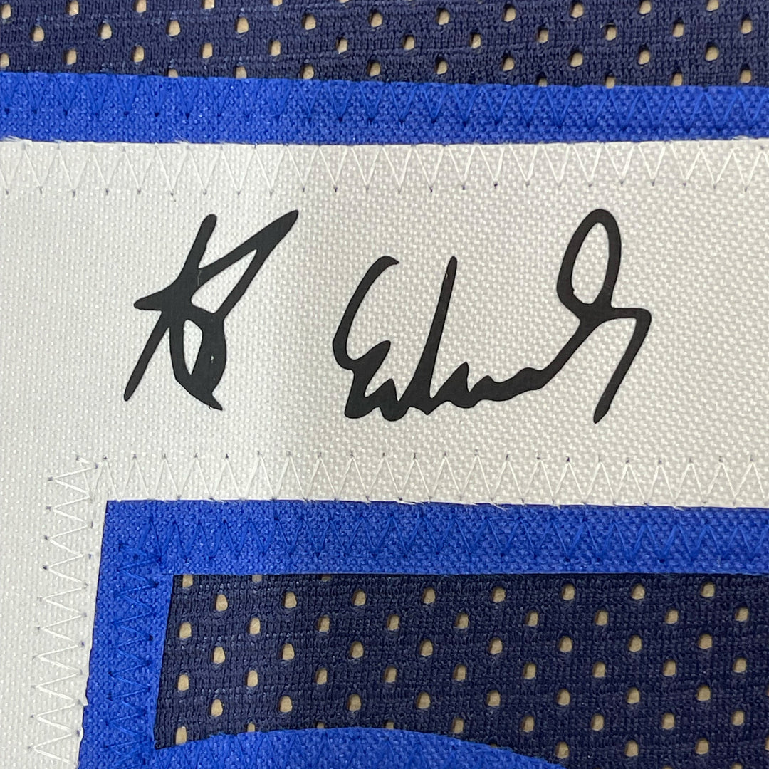 Framed Facsimile Autographed Anthony Edwards 33x42 Blue Reprint Laser Jersey