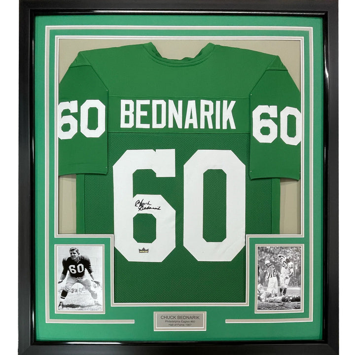 Framed Facsimile Autographed Chuck Bednarik 33x42 Reprint Laser Auto Jersey