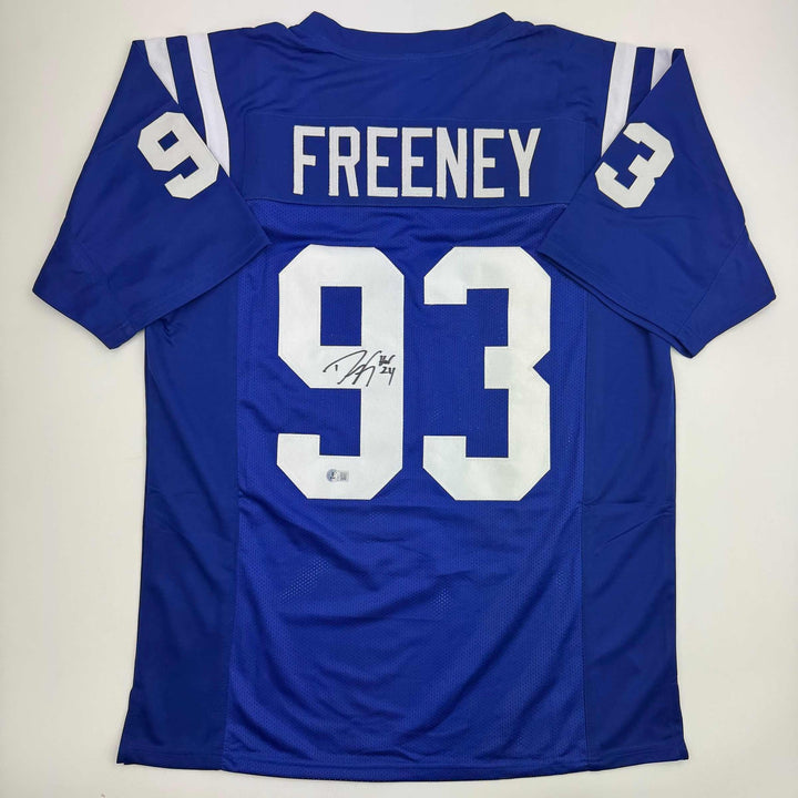 Autographed/Signed DWIGHT FREENEY Indianapolis Blue Football Jersey JSA COA Auto