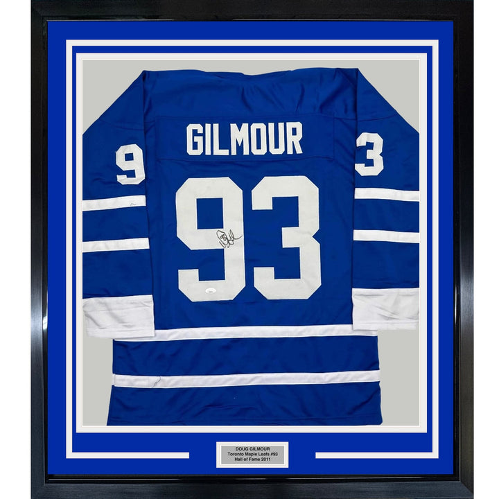 Framed Autographed/Signed Doug Gilmour 35x39 Toronto Blue Jersey JSA COA