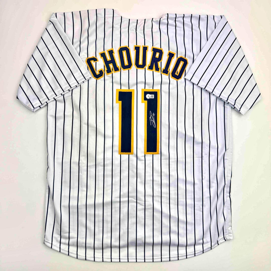 Autographed/Signed Jackson Chourio Milwaukee Pinstripe Jersey Beckett BAS COA