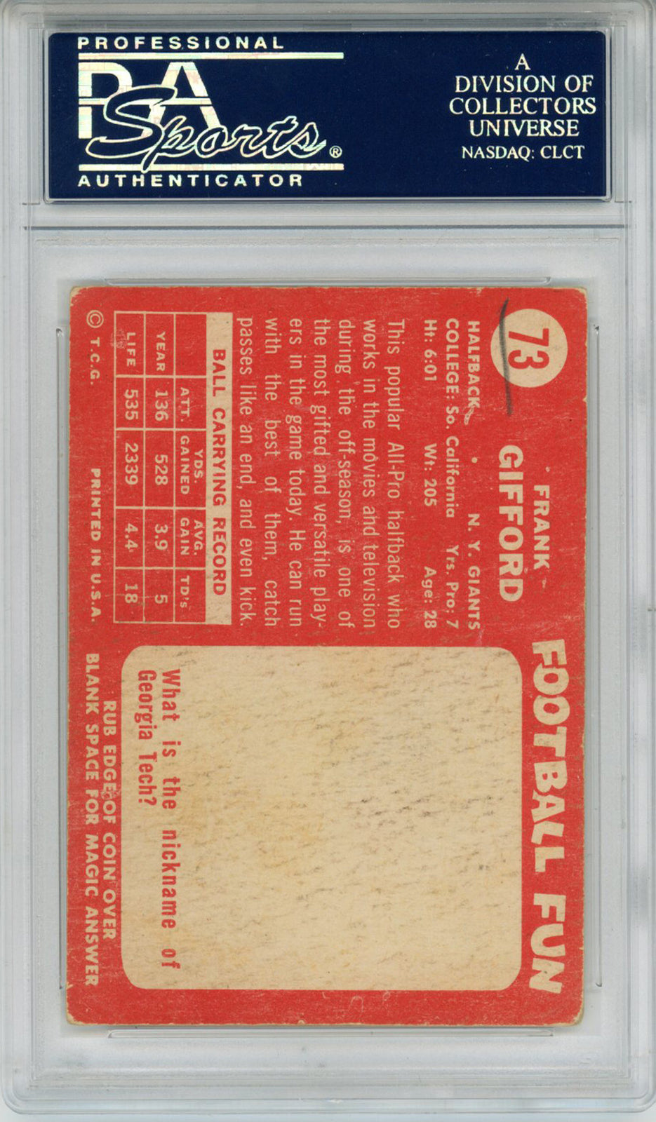 Frank Gifford Autographed 1958 Topps #73 Trading Card HOF PSA Slab 43614